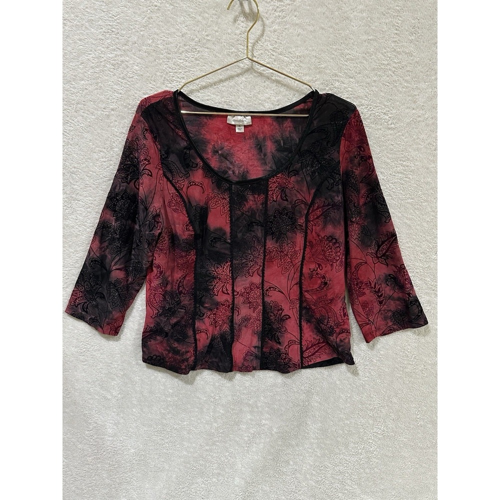 Dressbarn Women's XL Burnout Velvet Blouse Top Red Black Fairy Grunge Whimsigoth